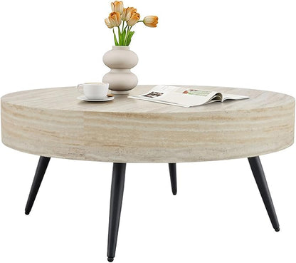 LKTART Coffee Table for Living Room, Round Wood Coffee Tables, Modern Metal Accent Center Tea Table for Apartment Small Space (31Inch-Mars Light)