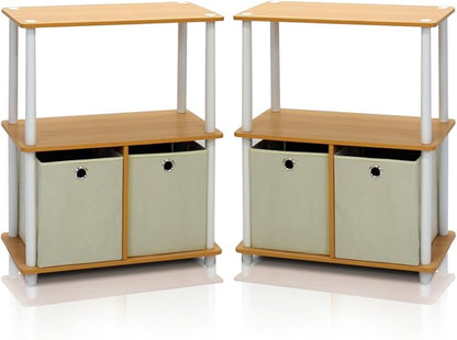 Furinno TURN-N-TUBE Storage Shelves Set of 2, 3-Tier Toolless Book Shelf with Storage Bins, Display Shelf, for Organization and Storage, Living Room, Garage, Home Office, Beech