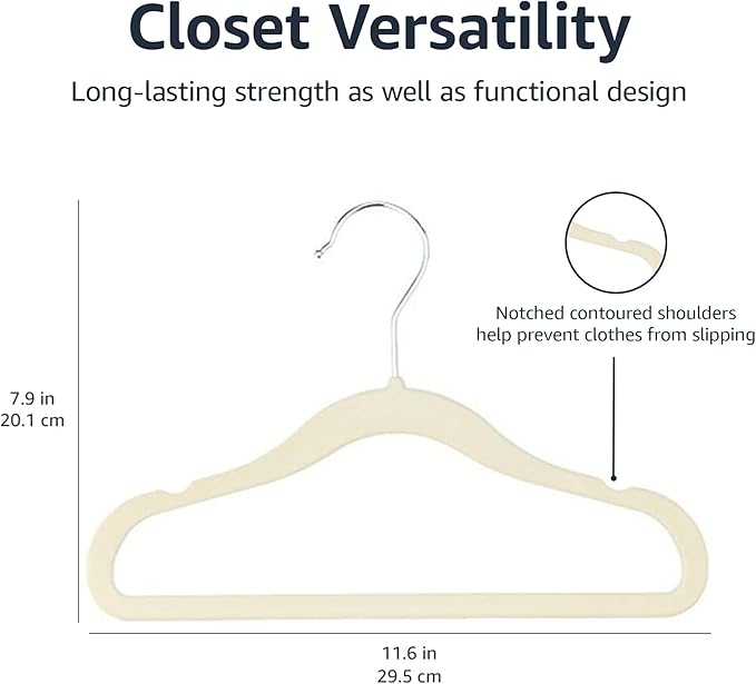 Amazon Basics Kids Velvet, Space Saving, Non-Slip Clothes Hangers for Infant and Toddler, Durable, 11.6 inches (for baby clothes), Pack of 50, Beige