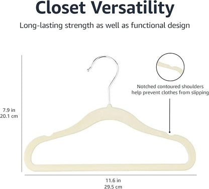 Amazon Basics Kids Velvet, Space Saving, Non-Slip Clothes Hangers for Infant and Toddler, Durable, 11.6 inches (for baby clothes), Pack of 50, Beige