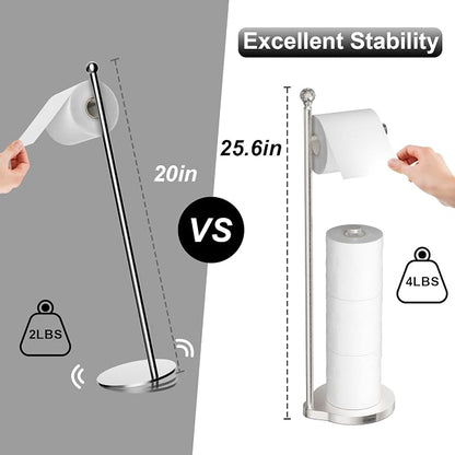 KASUNTO Toilet Paper Holder for Bathroom, Heavy Weighted Metal Free Standing Toilet Paper Storage with Crystal Ball, Toilet Paper Stand for Bathroom Accessories, Brushed Nickel [Holds MEGA Rolls]
