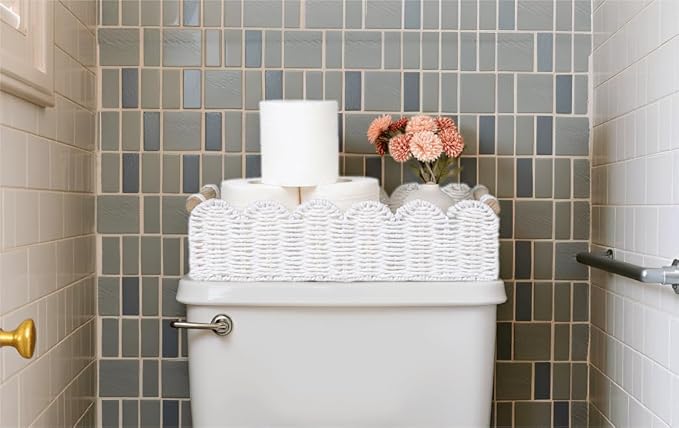 CubesLand Toilet Paper Storage Basket, Scalloped Edge Shelves Basket for Organizing for Over Toilet Tank Storage, Home Decor Baskets for Shelf, Countertop, Living Room, Bedroom, Handwoven, White