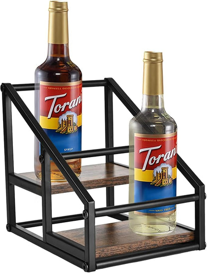 YQBRAO Coffee Syrup Rack Organizer,Liquor Bottle Display Shelf,2-Tier 4 Bottle Stand for Coffee Bar, Kitchen Station, Liquor, Wine, Dressing,Rustic Brown