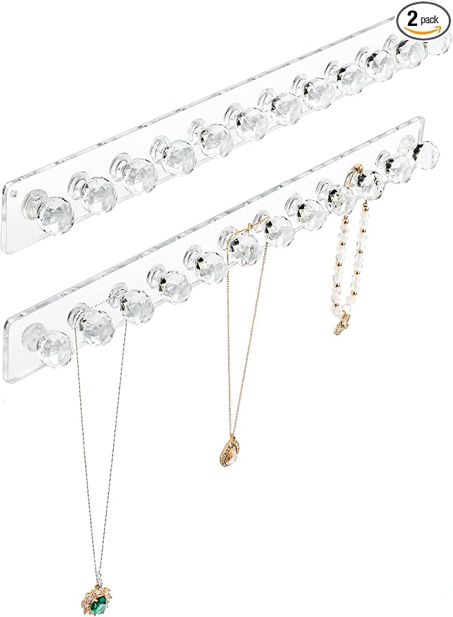 Heesch Necklace Holder, Acrylic Necklace Hanger, Wall Mount Necklace Organizer, Jewelry Hooks for Necklaces, Bracelets, Chains (2-pack Clear)