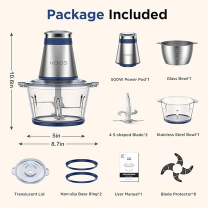 KOIOS Food Processor, 500W Electric Food Chopper with 2 Bowls (8 Cup+8 Cup) & 2 Bi-Level Blades&, Small Electric Grinder Meat Processor for Nuts, Meat, Onion, Garlic, Baby Food, Blue