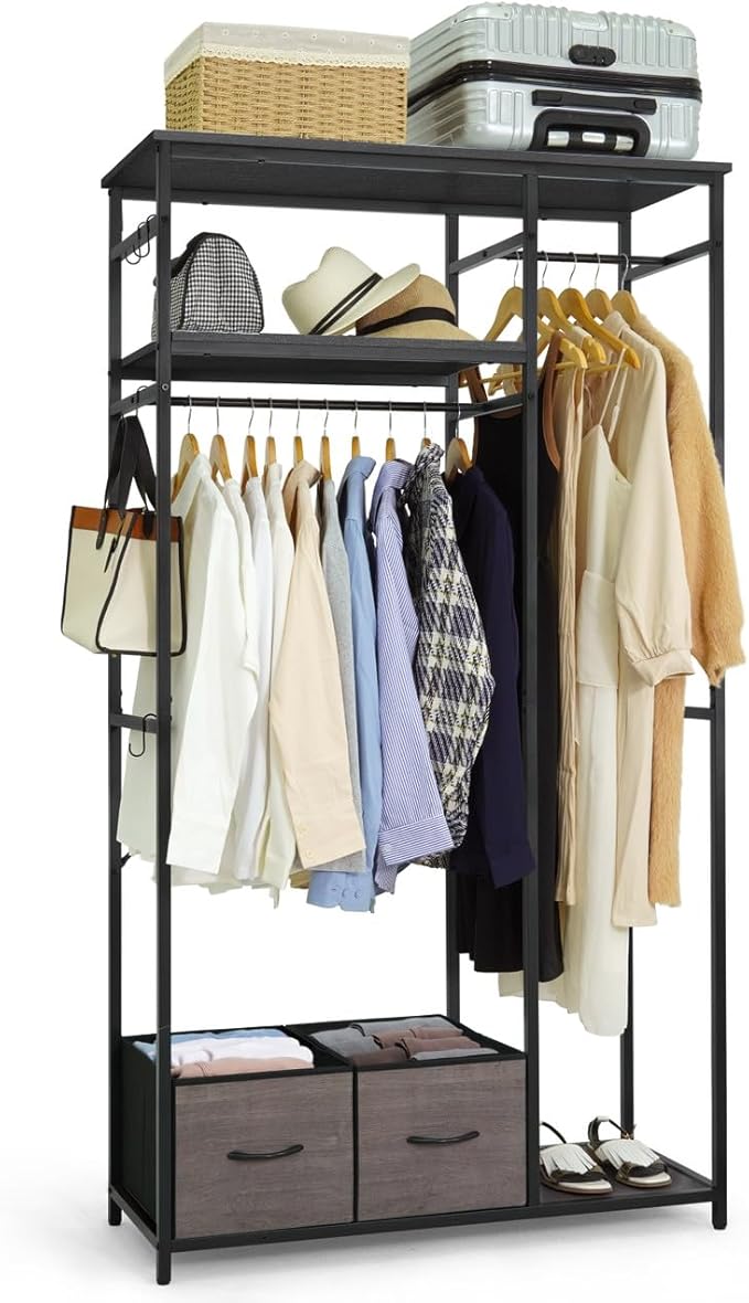 CAPHAUS 550lbs Capacity Garment Rack for Hanging Clothes, Heavy Duty Metal Open Wardrobe w/Hanging Rods & Drawers, Free Standing Closet Organizer, Metal Closet w/Wooden Boards, Black Vintage Board
