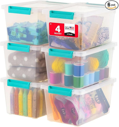 IRIS USA 4 Qt. Craft Storage Bins with Lids, 6-Pack, |Made in USA|, Clip Box, Small Plastic Sensory Bin Tote Organizer Containers for Art Supplies, Paper, & Office, Stackable - Clear/Seafoam Blue