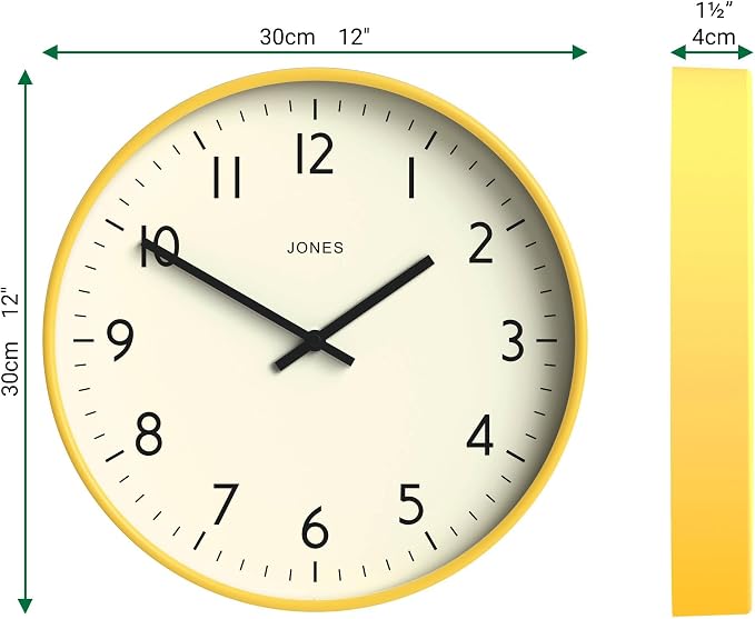 JONES CLOCKS® Studio wall Clock | Modern Round Style | 12 inch | Yellow | Easy to Read Numbers | Versatile Design for Kitchen, Living Room or Office