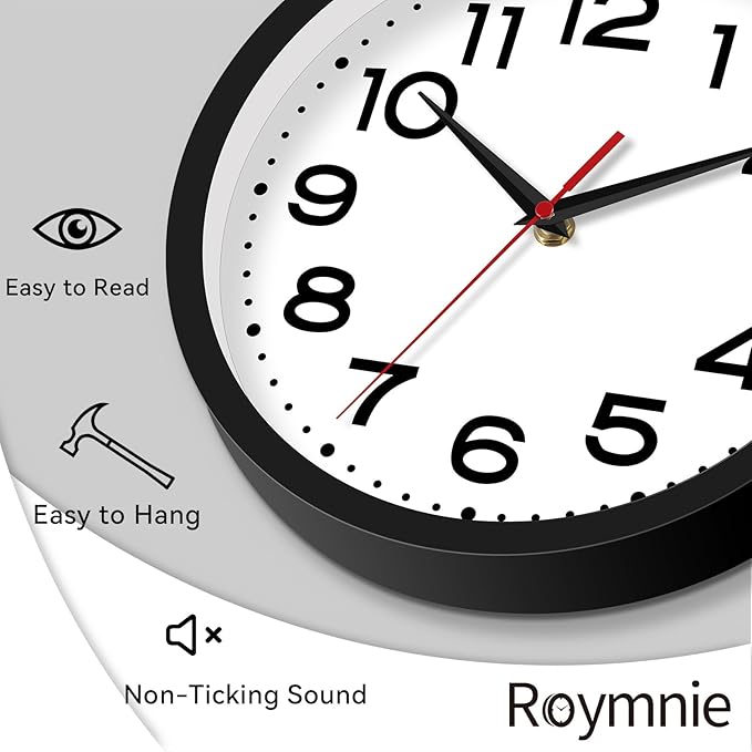 Roymnie Wall Clock 10 Inch Silent Non-Ticking Modern Clock Battery Operated Classic Simple Minimalist Analog Decorative for Kitchen, Living Room,Office, Bedroom, Bathroom (Black)