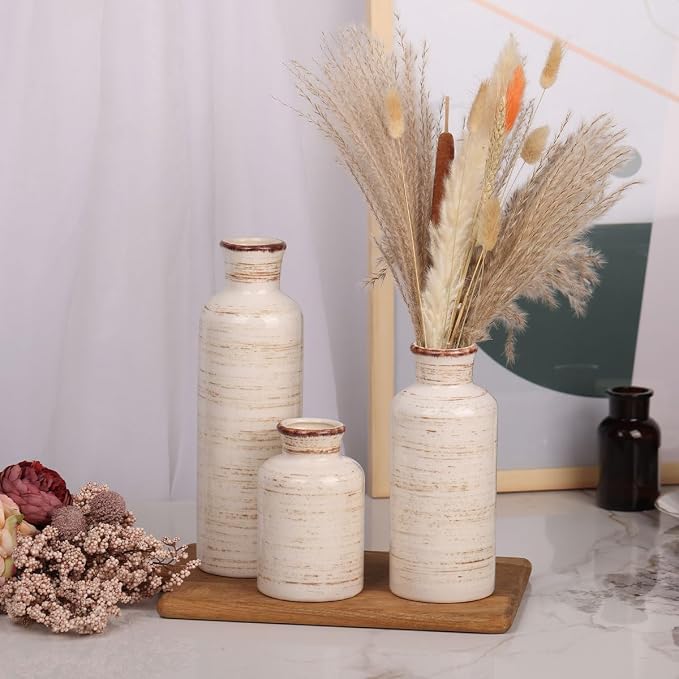 Ceramic Vase Set - 3 Ceramic Small Vases, Farmhouse Country Flower Vase Home Decor, Living Room Decoration, Table Decoration, Fireplace Decor, and Entrance Decorations Centerpieces