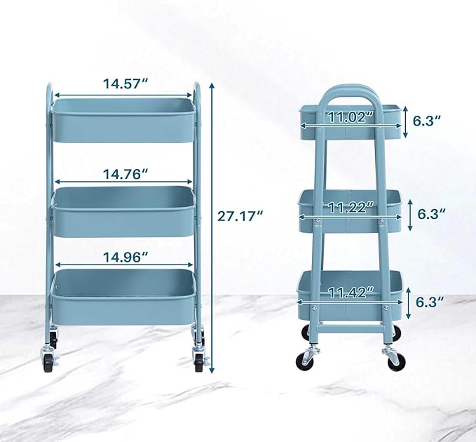 AGTEK Makeup Cart, Movable Rolling Organizer Cart, Grey-Blue 3 Tier Metal Utility Cart