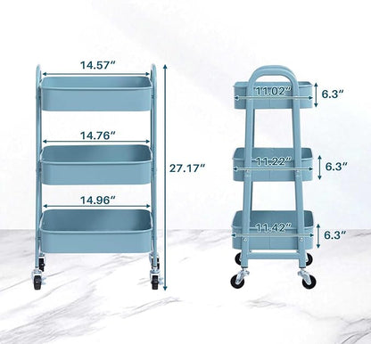 AGTEK Makeup Cart, Movable Rolling Organizer Cart, Grey-Blue 3 Tier Metal Utility Cart