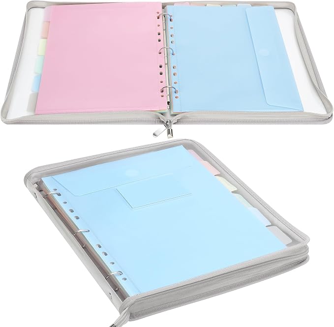 Uquelic Document Organizer, Soft PVC Binder with 12 Colorful Pockets - Zipper Binder 3 Ring with Dividers Letter Size (11'' x 8.5'')-Large Capacity Cute Folder for School, Office & Home Use (Grey)