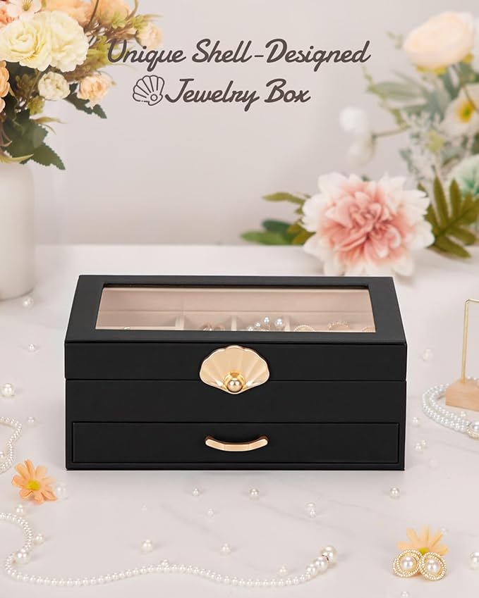 Jewelry Box with 1 Drawers: Display Organizer for Earrings Necklaces - Gifts for Girls Women (Black)
