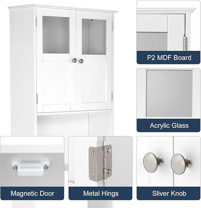 VINGLI Over The Toilet Storage Cabinet White Bathroom Storage Organizer Above The Toilet Shelf with Acrylic Glass Double Doors Wood Muebles para BañO Rack with Adjustable Shelf