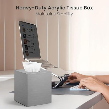 Tissue Box Cover, Square Modern Facial Acrylic Tissue Holder Napkin Dispenser Accessories for Bathroom Vanity Countertop,Bedroom Dresser,Night Stand,Desk,Office (Sliver)