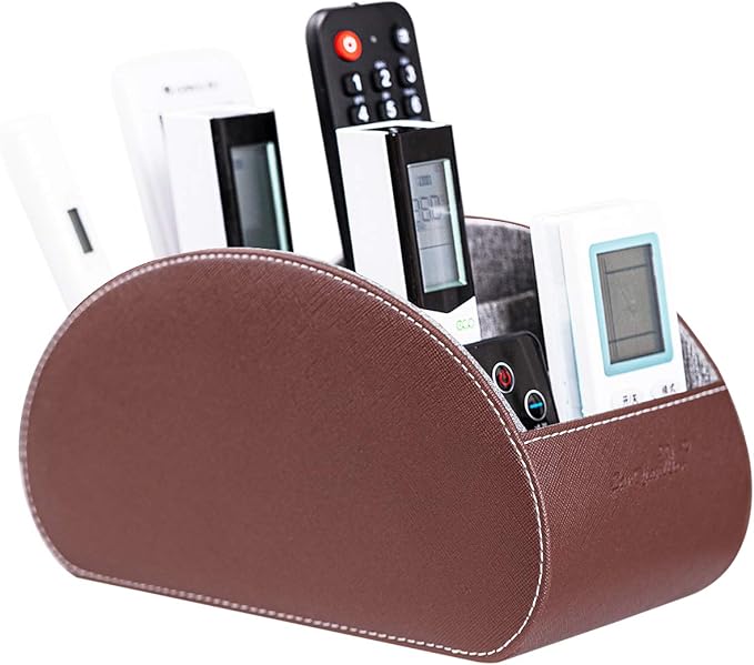 Remote Control Holders Organizer Box with 5 Compartment PU Leather Multi-functional Office Desk Storage Caddy Store Tv Remote for Media Player,Brush,Pencil,Glassees&Office Supplies (Dark Brown)