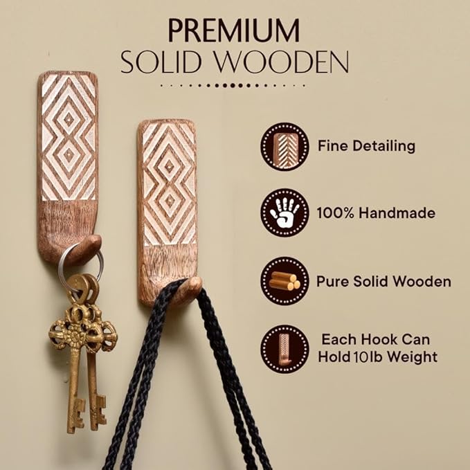 Indian Shelf Boho Decorative Wood Adhesive Wall Hooks for Hanging Coats, Keys, Leash, Hat, Towel Holder, Cute Sticky Key Holder, Brown & White Western Wall Décor (12 Hooks 24 Strip)