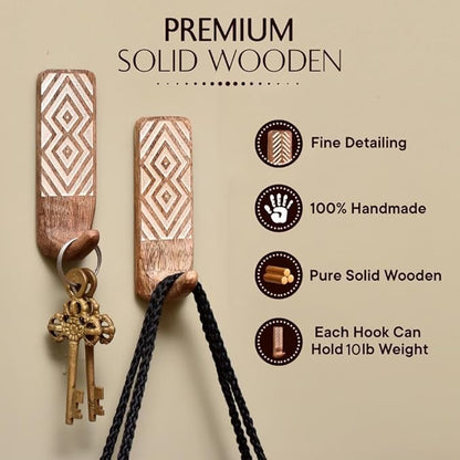 Indian Shelf Boho Decorative Wood Adhesive Wall Hooks for Hanging Coats, Keys, Leash, Hat, Towel Holder, Cute Sticky Key Holder, Brown & White Western Wall Décor (12 Hooks 24 Strip)