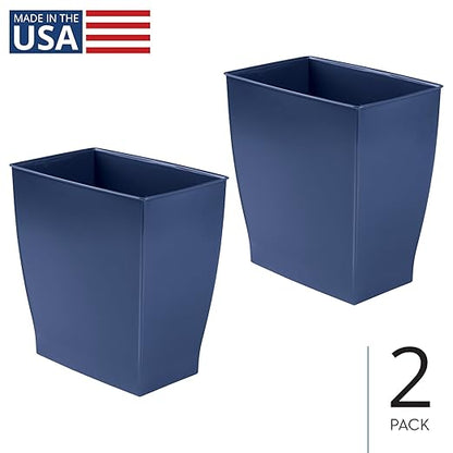 iDesign Small Plastic Bathroom Trash Can, Slim Rectangle Garbage Bin for Bedroom, Office, Dorm, 2-Pack, Navy Blue