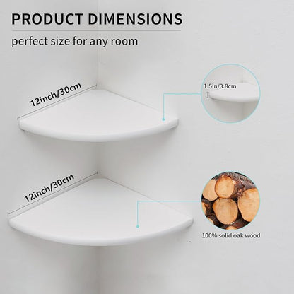 Conamily Corner Shelves, White Floating Corner Shelf, Set of 2 12inch Solid Oak Wood Wall Shelves, Round End Wall Mount with Wire Hole for Small Plant for Bedroom Kitchen, Living Room