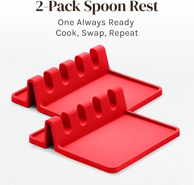 Cooler Kitchen Red Silicone Spoon Rest for Stove Top with Drip Pad (Two Pack) - Heat-Resistant, BPA-Free Utensil Rest & Spoon Holder for Kitchen Counter - Grill Utensil Holder for Spatulas