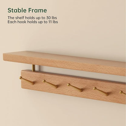 Solid Wood Wall Hooks with Shelf, Coat Rack Wall Mount, Entryway Hanging Shelf with 9 Brass Hooks for Hats, Clothes, Towels, Bags, Beech Wood, Natural