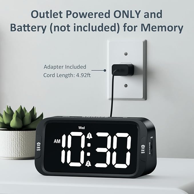 Digital Dual Alarm Clock for Bedroom, Easy to Set, 0-100% Dimmer, USB Charger, 5 Sounds Adjustable Volume, Weekday/Weekend Mode, Snooze, 12/24Hr, Battery Backup, Compact Clock for Bedside
