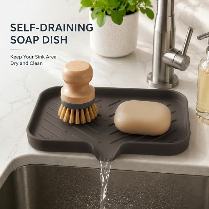 MicoYang Silicone Soap Dish with Drain Spout — Self-Draining Sink Organizer Tray for Bathroom & Kitchen, Sponges, Dispensers & Soap Holder, Non-Slip & Dishwasher Safe, Coffee (Medium, 9.6"×5.3")