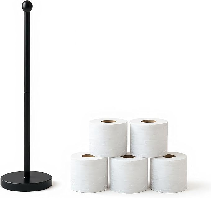 Toilet Paper Holder Stand for Max 5 Paper Rolls, Freestanding TP Holder, Paper Roll Storage for Bathroom, Stainless Steel - Black