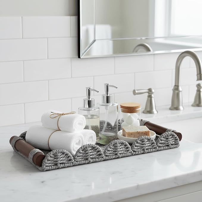 CubesLand Bathroom Toilet Paper Tray Organizer, Scalloped Decorative Tray w/Wood Handle for Counter, Shelves, Wicker Tray for Farmhouse Rustic Home Decor, Coffee Table Decor, Seasonal Decor, Grey