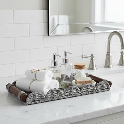 CubesLand Bathroom Toilet Paper Tray Organizer, Scalloped Decorative Tray w/Wood Handle for Counter, Shelves, Wicker Tray for Farmhouse Rustic Home Decor, Coffee Table Decor, Seasonal Decor, Grey