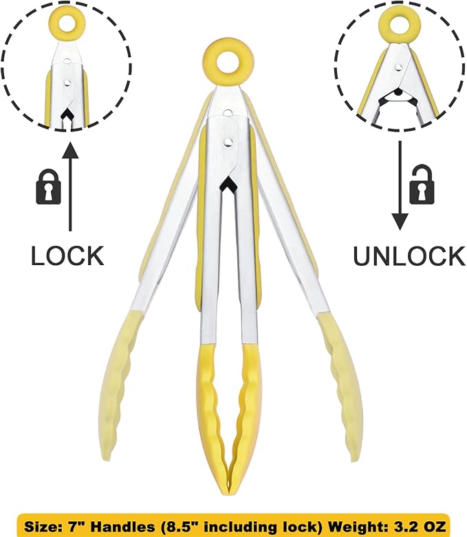 HINMAY Small Appetizer Tongs 7-Inch Silicone Tipped Kitchen Tongs, Set of 3 (Yellow)