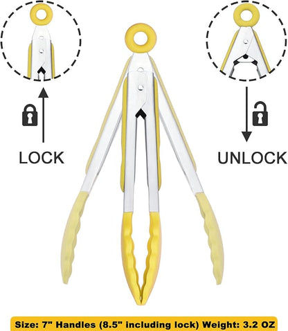 HINMAY Small Appetizer Tongs 7-Inch Silicone Tipped Kitchen Tongs, Set of 3 (Yellow)