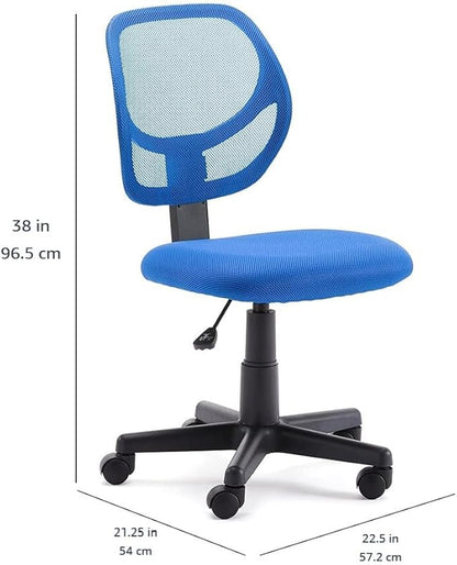 Amazon Basics Rolling Desk Chair, Adjustable, Low Back, Padded Seat, Breathable Mesh, Swivel, Blue, 21.25" D x 22.5" W x 38" H