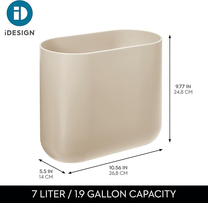 iDesign Small Slim Plastic Bathroom Trash Can, Garbage Can for Bedroom, Office, Desk, Dorm, Brown
