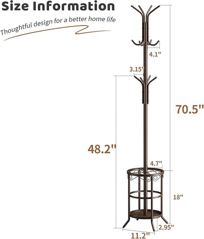 FILWH Coat Rack Freestanding with Umbrella Stand Coat Rack Stand with 12 Hooks Metal Coat Tree Coat and Hat Hanger Jacket Entryway(Brown)