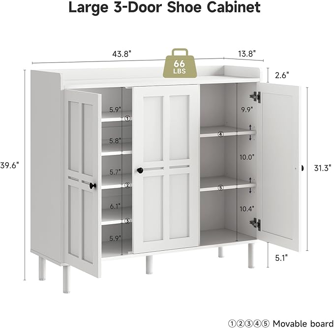 ONBRILL Shoe Cabinet with 3 Doors and Adjustable Shelves, 30 Pairs Shoe Storage Cabinet, 40 Inch Tall Farmhouse Shoe Rack Shoe Organizer Cabinet for Entryway Living Room Closet, White