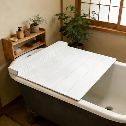 White Wood Grain Foldable Bathtub Cover, PVC Waterproof Dustproof Bath Tub Lid, Heat Preservation Bathroom Tub Tray for Home Hotel Spa (59.06×27.56×0.26in)
