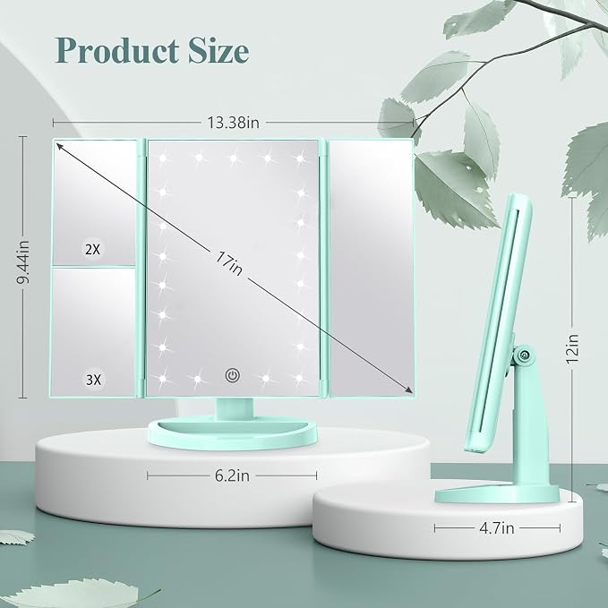 HUONUL Makeup Mirror, Vanity Mirror with Lights, 2X/3X/10X Magnification, Touch Control, Trifold Mirror, Dual Power Supply, Valentines Day Gifts for Her,Gifts for Women, Wife, Mom, Teengirls