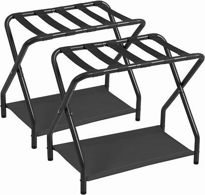 AMHANCIBLE Luggage Rack, Set of 2, Foldable Suitcase Stands for Guest Room, Metal Luggage Holder with Storage Shelf for Bedroom, Hotel, Easy Assemble, Black HLR02BK