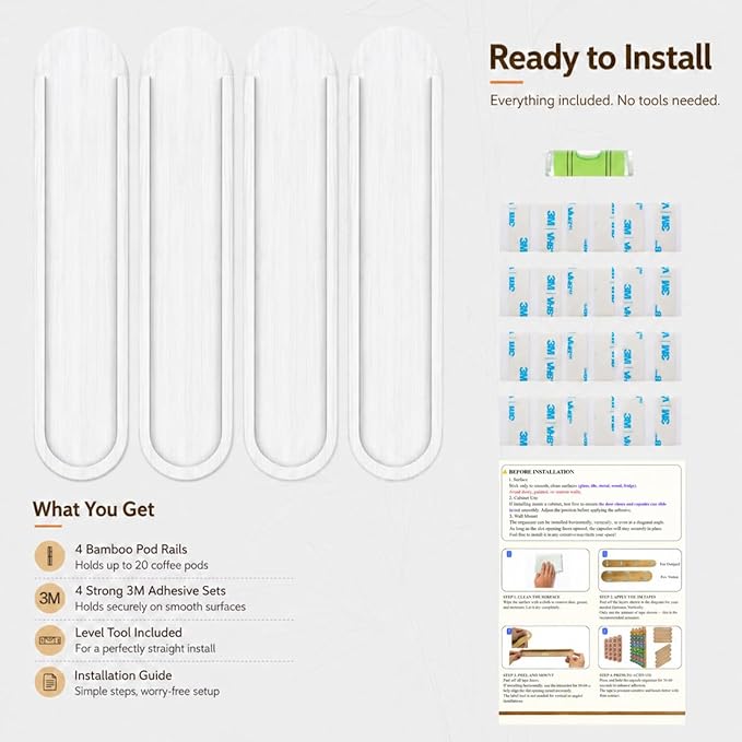 Bamboo Coffee Pod Holder, Adhesive Wall Mount (No Drilling) for Inside Cabinet Door, 20-Capsule Storage (Set of 4), Vertical & Horizontal, Compatible with Nespresso Vertuo Line-White