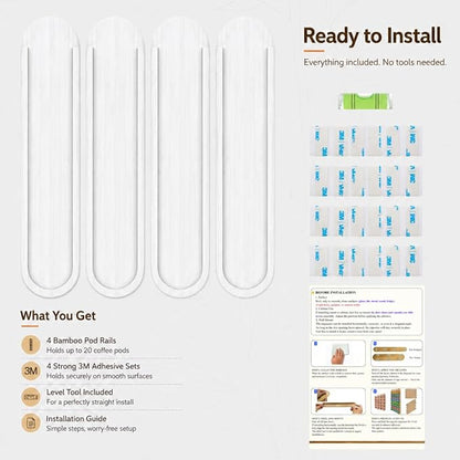 Bamboo Coffee Pod Holder, Adhesive Wall Mount (No Drilling) for Inside Cabinet Door, 20-Capsule Storage (Set of 4), Vertical & Horizontal, Compatible with Nespresso Vertuo Line-White