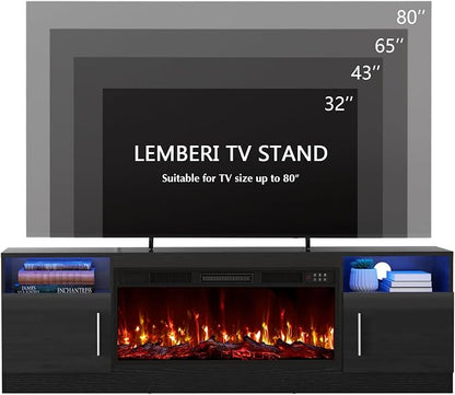 LEMBERI 70" Fireplace TV Stand for TVs up to 80", 36" Electric Fireplace 750W/1500W Entertainment Center with 20-Color LED, 300lbs Max Capacity High Gloss Storage Cabinet Console, Black