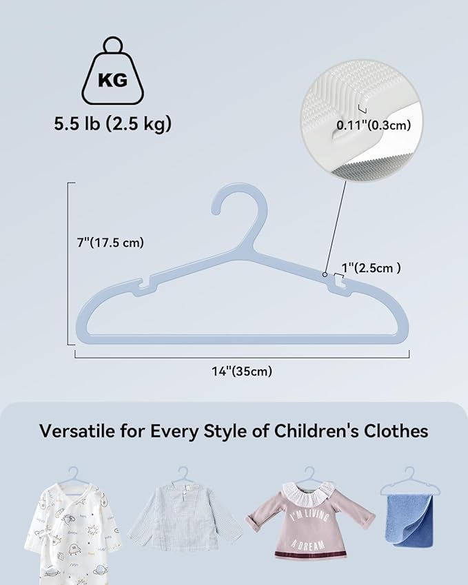 Plastic Kids Hangers, Pack of 60, Ultra Slim Closet Hangers, Non-Slip, Space-Saving, Sturdy, 14" W x 7" H (for Children Aged 7-12 Years), Light Blue, UAPY0760L