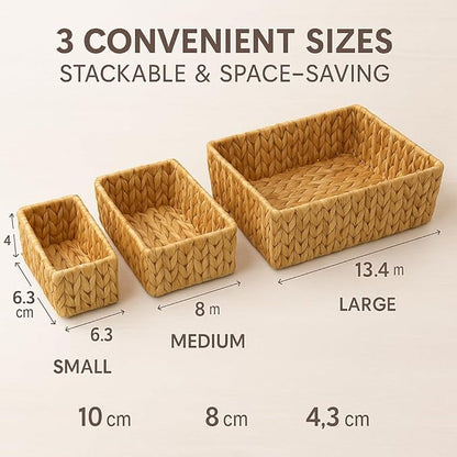 Natural Water Hyacinth Storage Baskets, 3-Piece Handwoven Nesting Organizer Set, Decorative Woven Containers for Bathroom, Kitchen, Living Room (Set 3 Rectangular Baskets – No Lids)