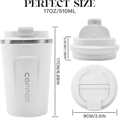 YINBAOGE Insulated Travel Coffee Mug, Spill & Leak Proof, Portable To Go Camping Stainless Steel Coffee Tumbler, Reusable Thermal Coffee Cup with Lid for Hot & Cold Drinks (2nd-White, 17 OZ)