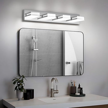 Modern LED Bathroom Lights Fixtures(4-Light),Stainless Steel Chrome Acrylic Wall Lighting,Vanity Lights for Bathroom Over Mirror(6000k 27in)