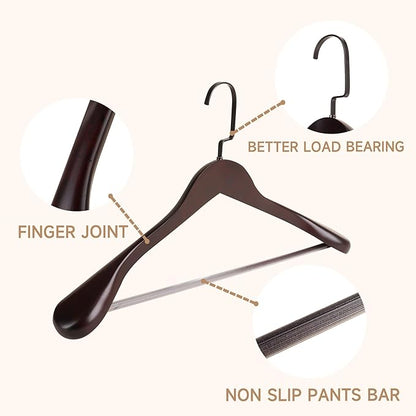 16-Inch Wooden Suit Hangers with Non Slip Pants Bar, 6-Pack Wood Extra-Wide Shoulder Hangers, Flat-Head Hook Hangers for Suits, Coats, Jackets, Shirts, Pants, and Heavy Clothes (Dark Cherry)