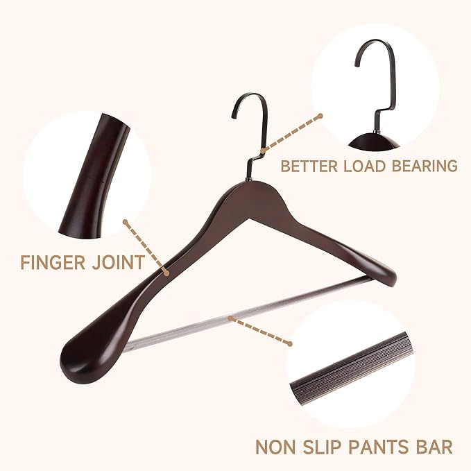 17.5" Wooden Suit Hangers with Non Slip Pants Bar, 12-Pack Wood Extra-Wide Shoulder Hangers with Flat-Head Hook for Suits, Coats, Jackets, Shirts, Pants, Heavy Clothes (Dark Cherry)
